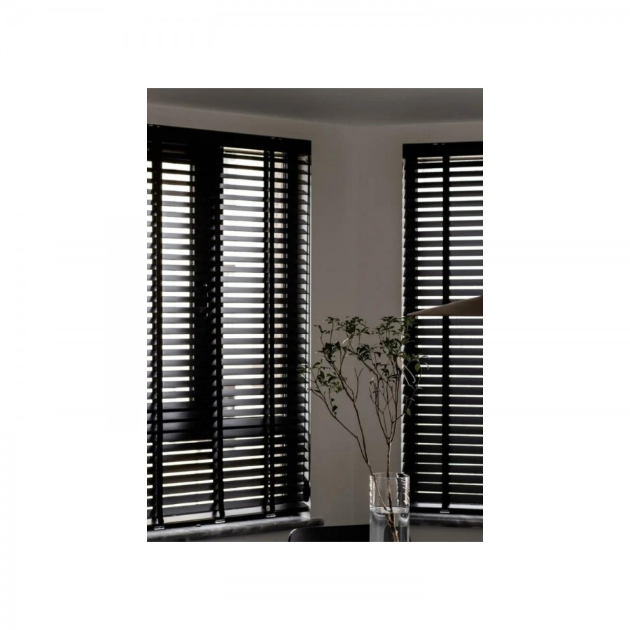 Wooden Blinds Doğal Ahşap Jaluzi Perde 50mm, Alüminyum Kasalı Jaluzi - Siyah Kurdelalı