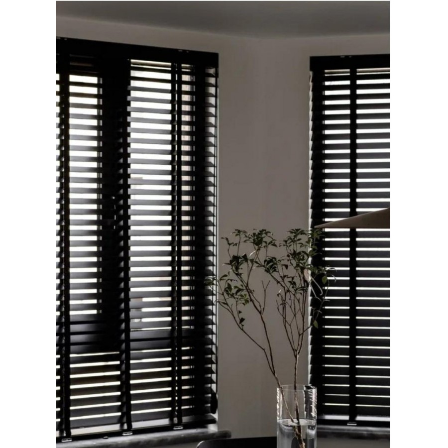  Wooden Blinds Doğal Ahşap Jaluzi Perde 50mm, Alüminyum Kasalı Jaluzi - Siyah Kurdelalı